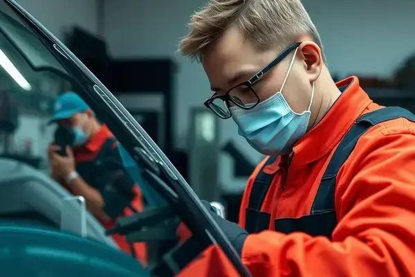 Windshield repair in progress